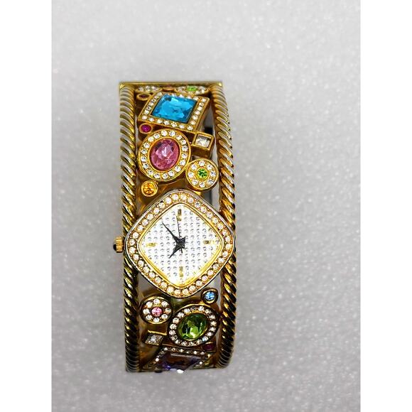 Rainbow Cuff Bangle Gem Crystal Infinity Diwali Gold Gauntlet Bracelet Watch - Picture 3 of 10